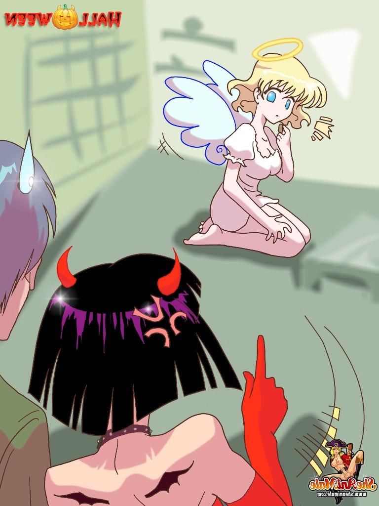 12P Desenho animado travesti anjo e diabo deslizam seus tesões rígidos em um jovem amante travesti
