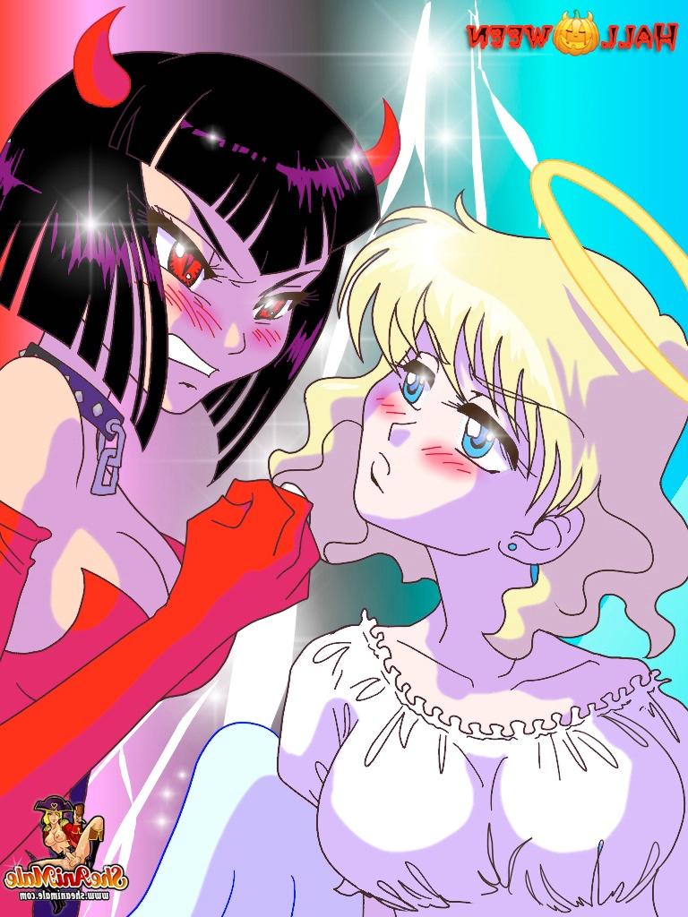 12P Desenho animado travesti anjo e diabo deslizam seus tesões rígidos em um jovem amante travesti
