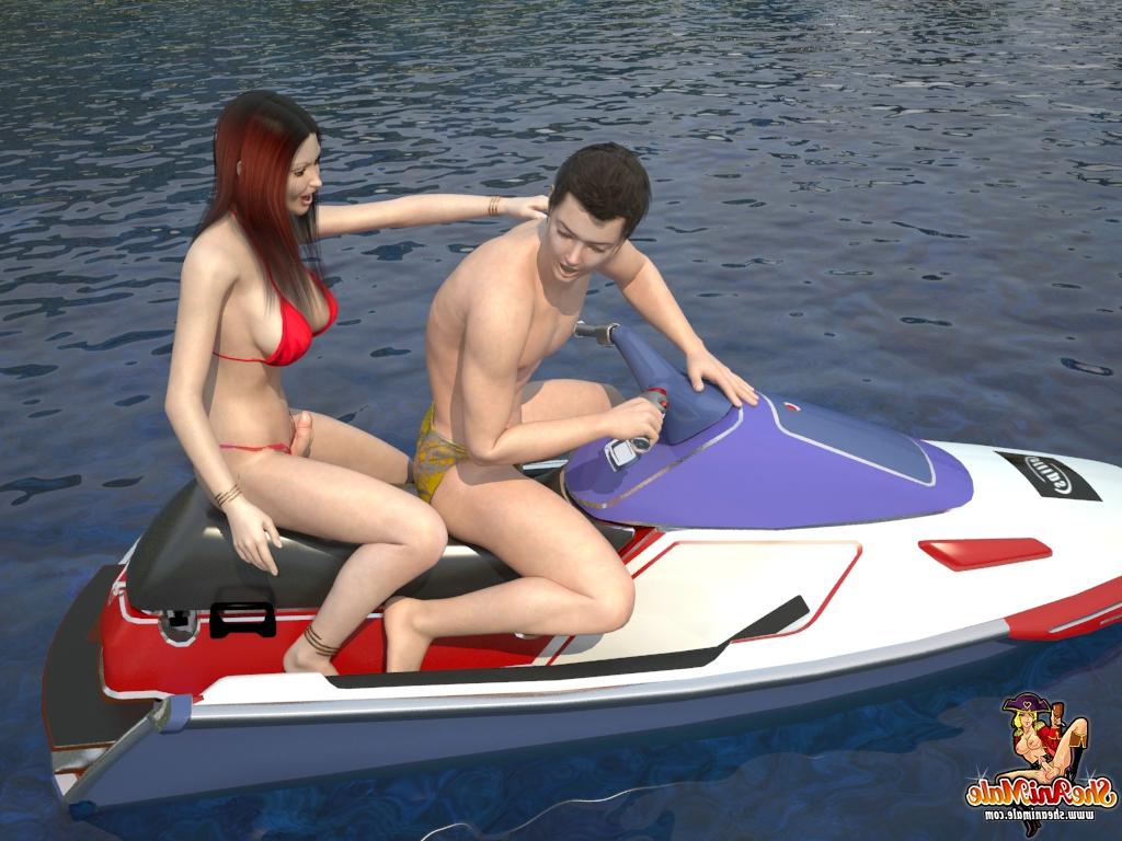 20P T-girl rousse animée chevauche un long bouton raide sur le scooter des mers