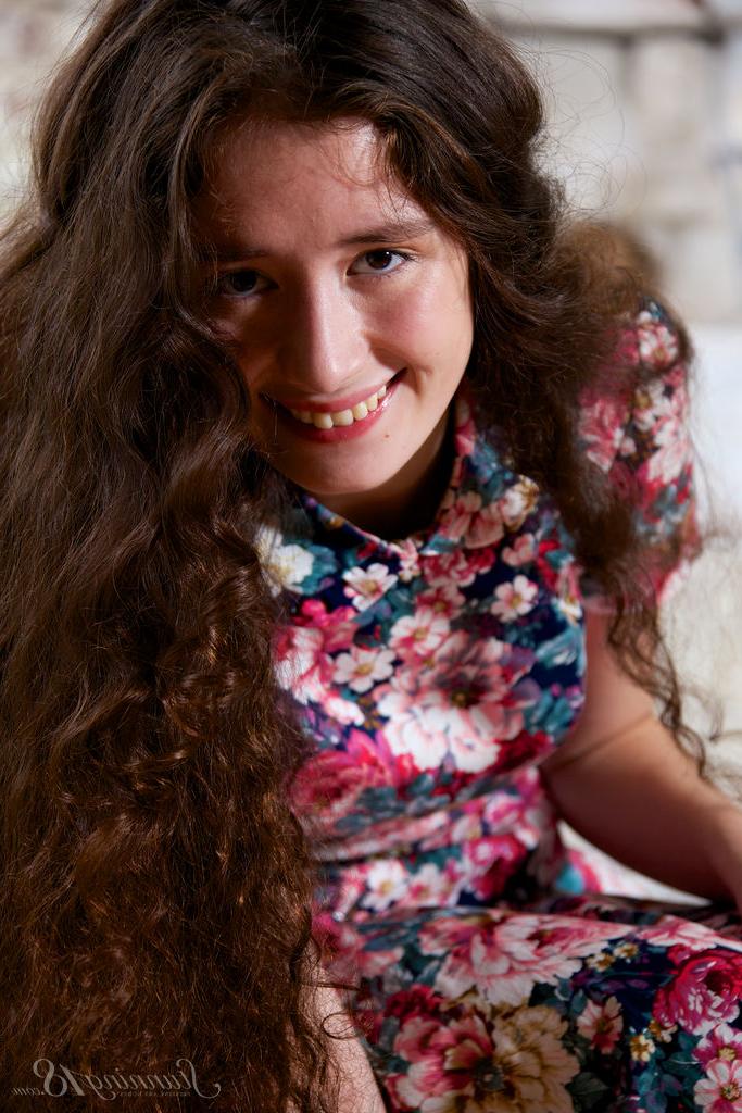 16P 18 year old girl with really long hair rubs her pink pussy after disrobing