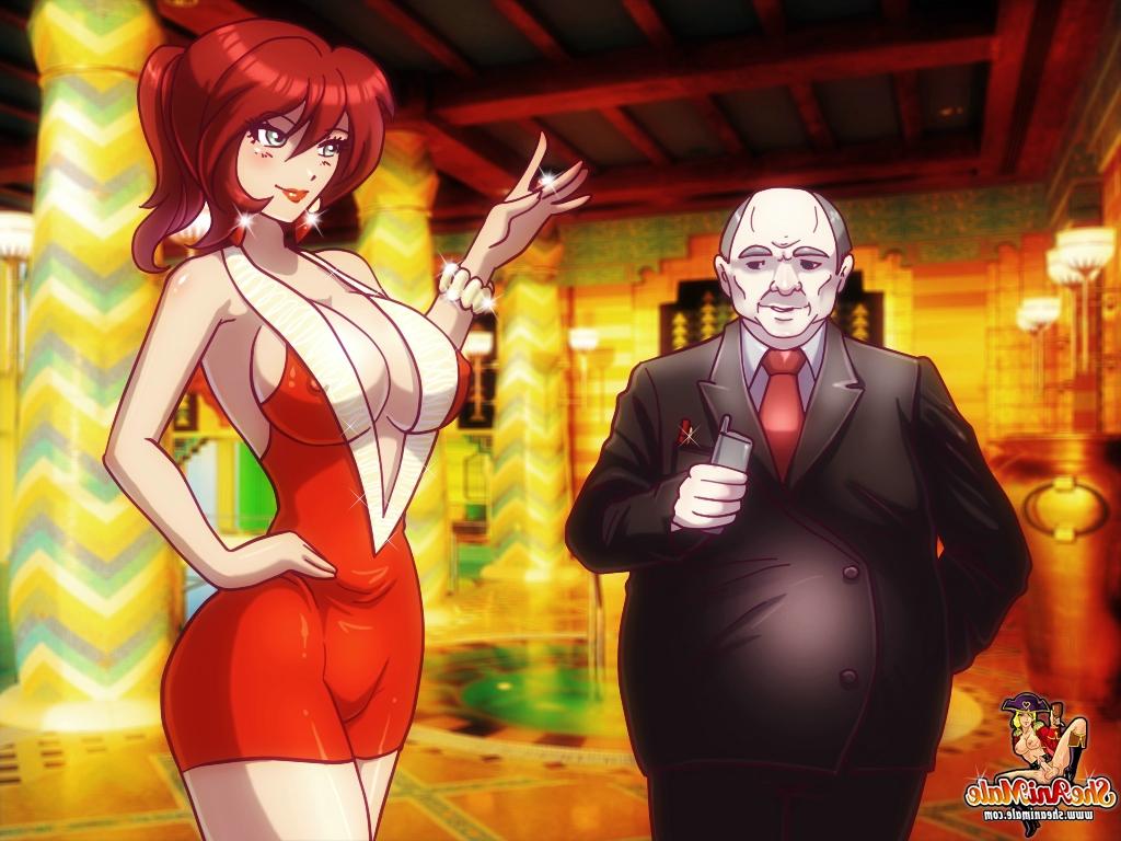 12P Transexual anime pelirroja y tetona teniendo sexo anal al aire libre con el chico colgado de la piscina