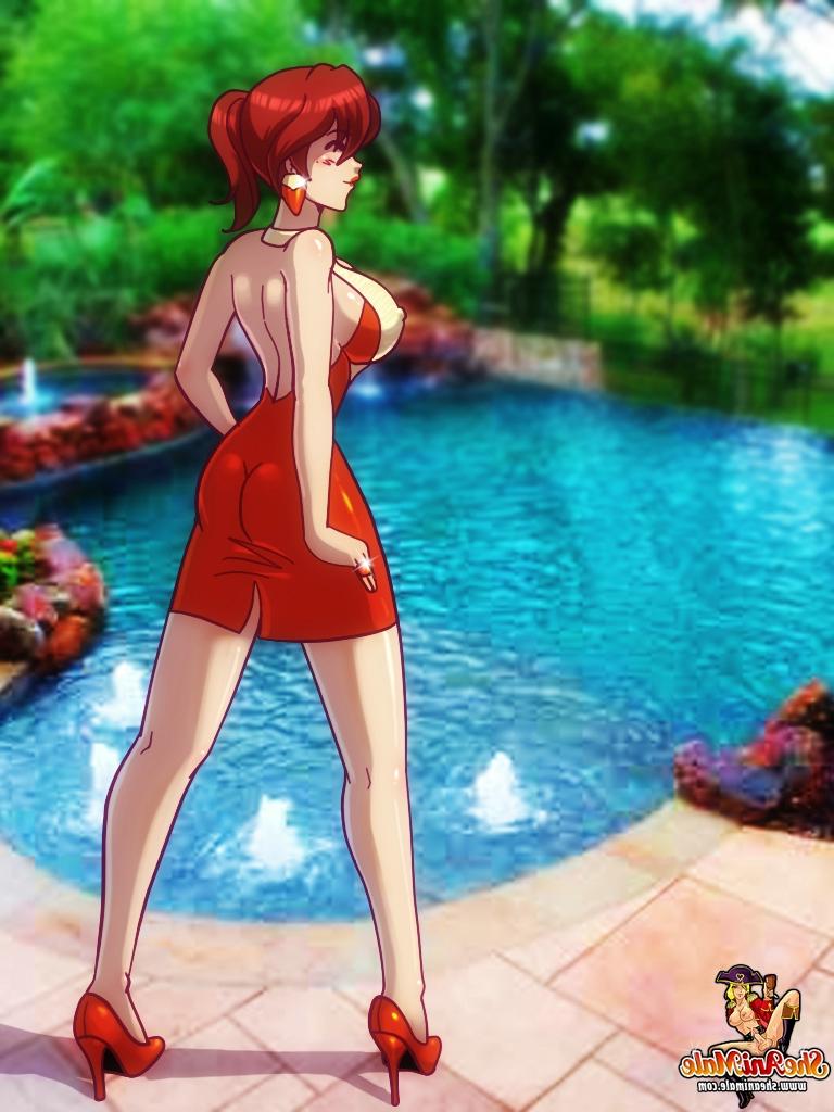 12P Transexual anime pelirroja y tetona teniendo sexo anal al aire libre con el chico colgado de la piscina