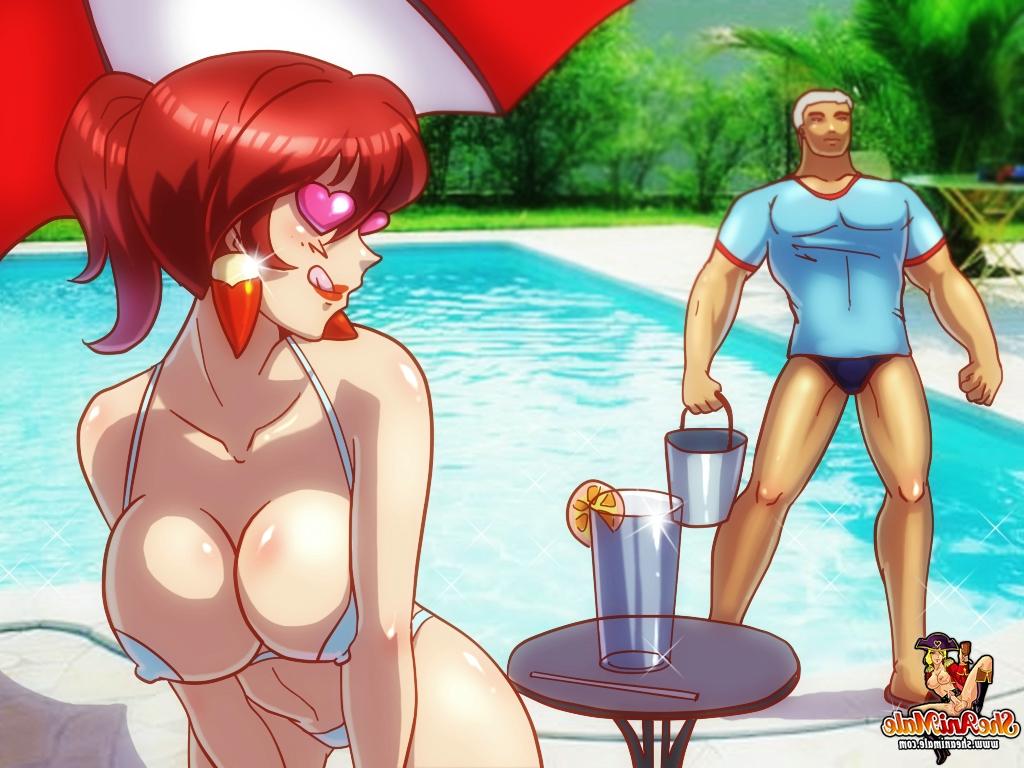 12P Transexual anime pelirroja y tetona teniendo sexo anal al aire libre con el chico colgado de la piscina