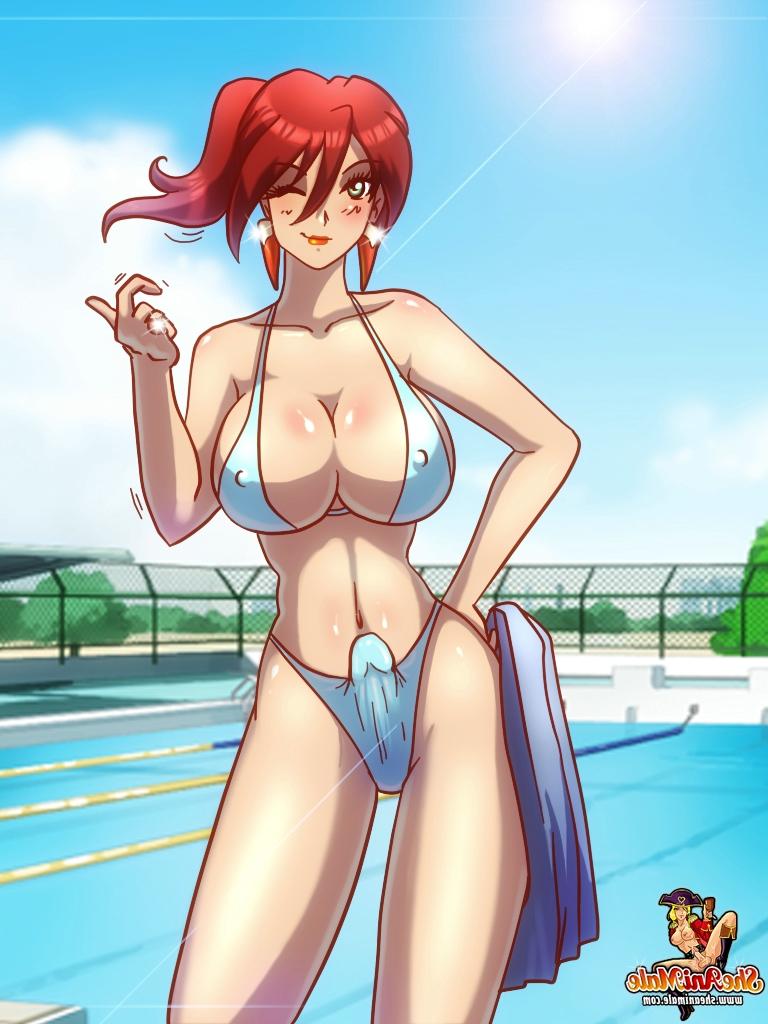 12P Transexual anime pelirroja y tetona teniendo sexo anal al aire libre con el chico colgado de la piscina