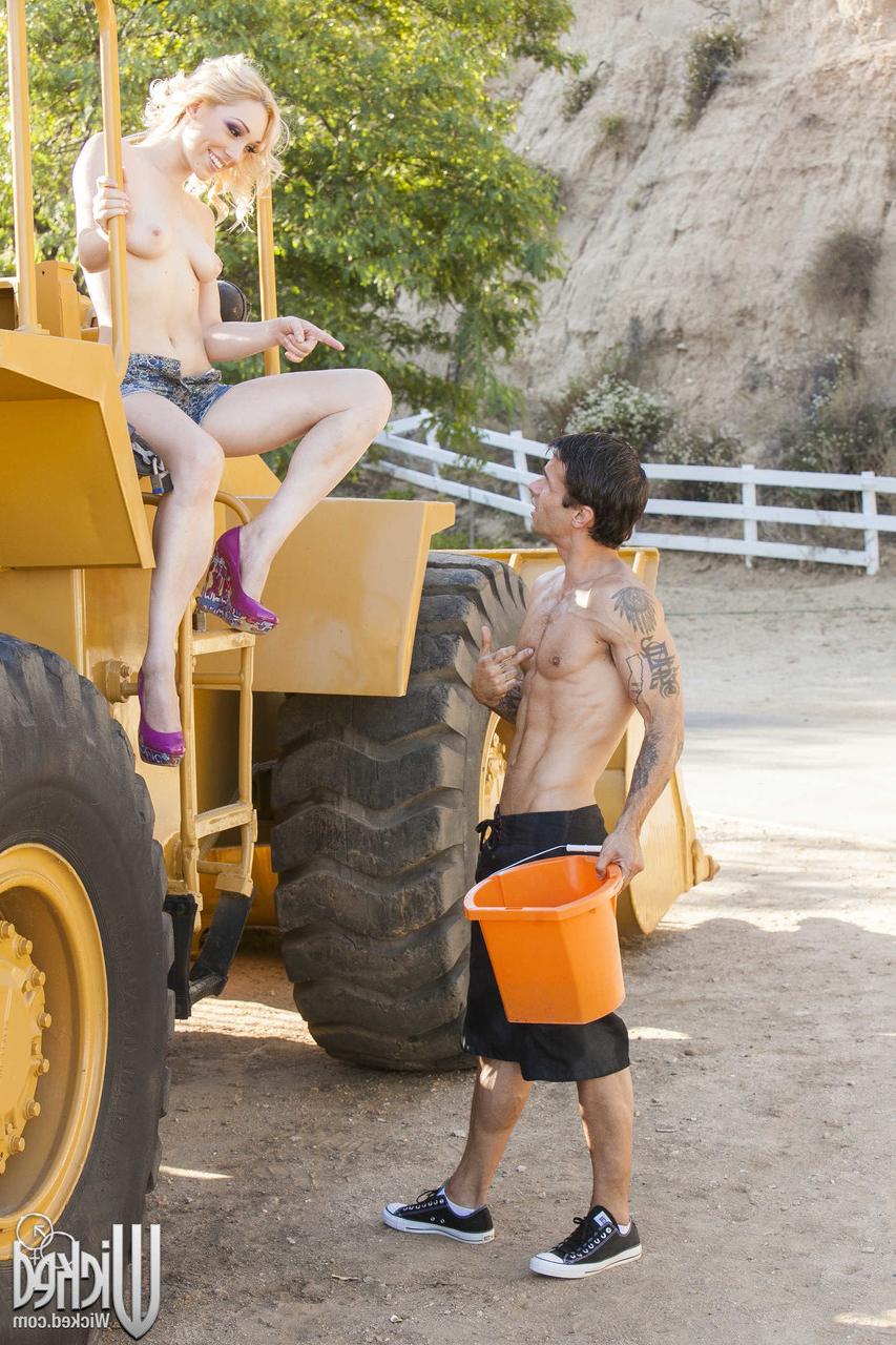 20P Blonde pornstar Lily Labeau strips naked on a front-end loader & gets fucked