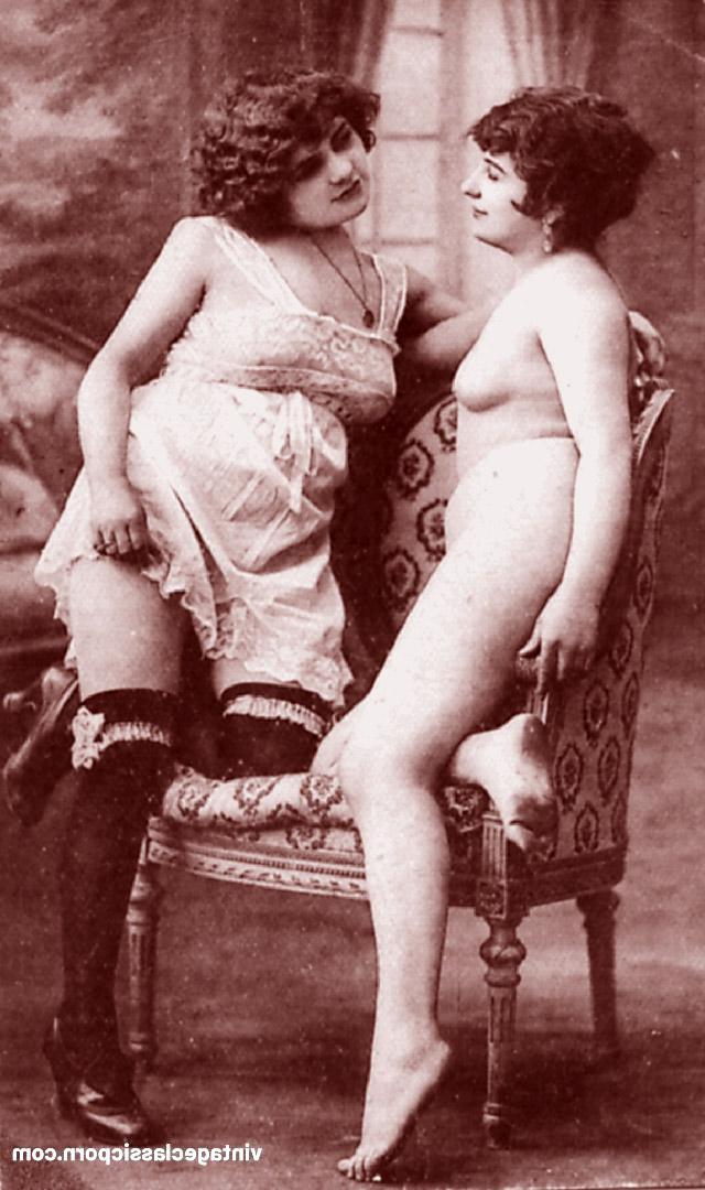 20P Beautiful French women show their nice tits & trimmed cunts in a vintage scene