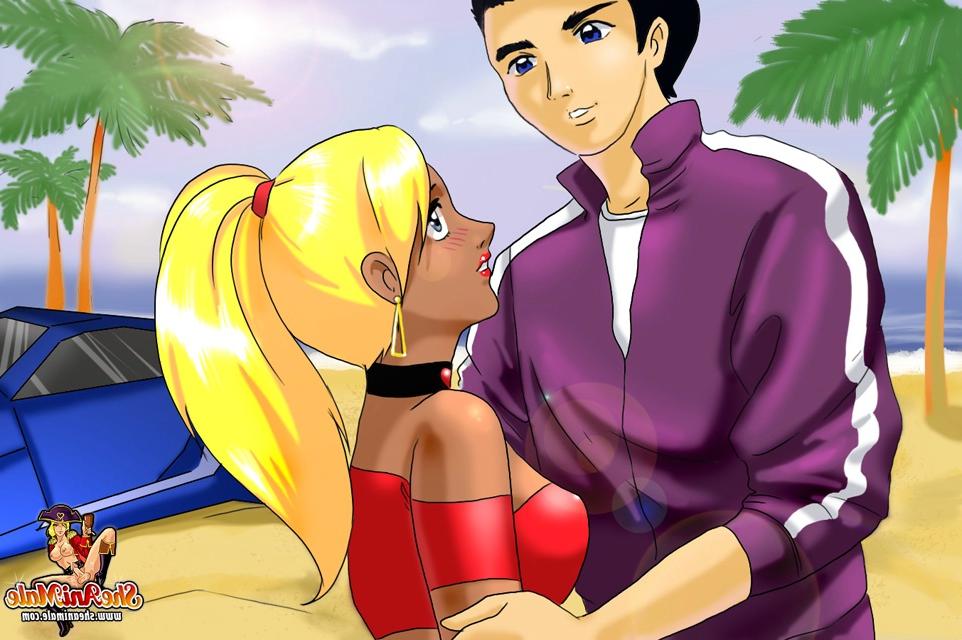 12P Shemale bombshell with a ponytail fucks a rich dude from behind on the beach