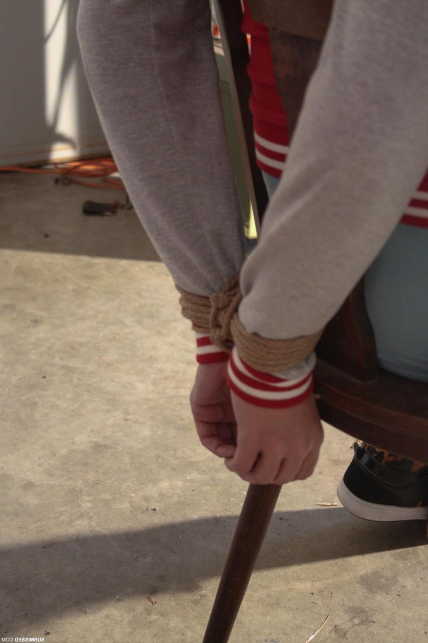 20P Clothed Czech MILF Steffi struggles while bound & ball-gagged in the garage