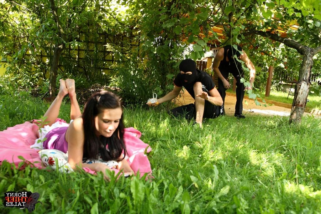 16P Brunette girl Klara is spit roasted by masked men while in her backyard
