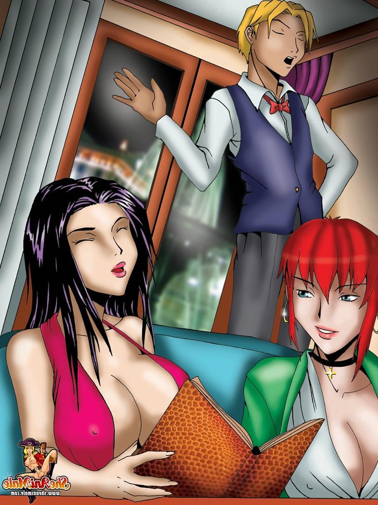 12P Animated blond bartender gets his anus filled by two busty transsexual persons