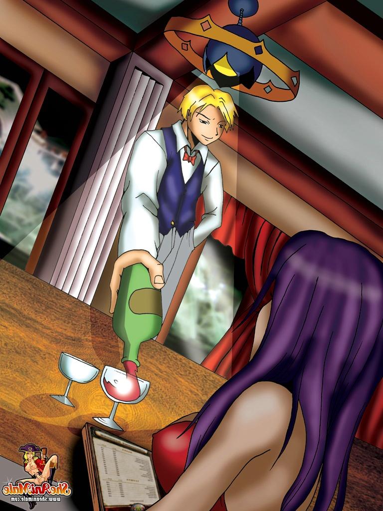 12P Animated blond bartender gets his anus filled by two busty transsexual persons