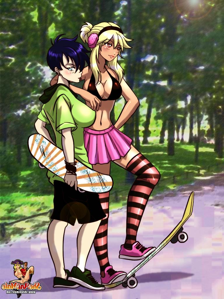 12P Duas bonecas skatistas travestis de anime se beijam em público e fazem sexo anal