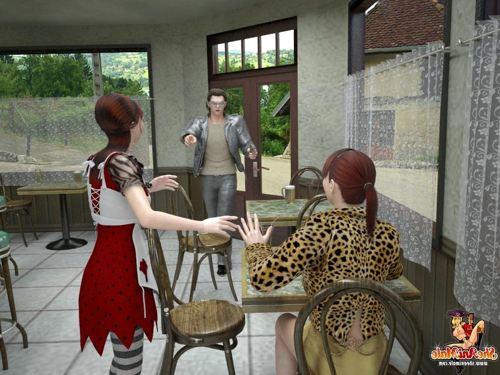 20P Camarera transexual y cliente transexual se follan a un criminal en un trío anime