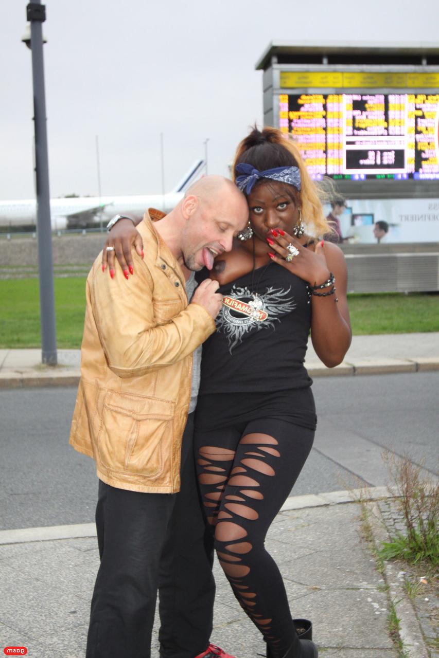 15P Ebony slut Josy Black blowing and fucking a white dick in public