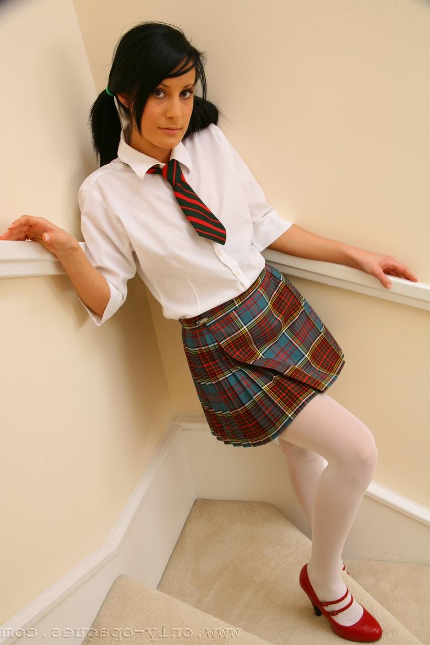 20P Shameless babe Emily J loses her schoolgirl uniform and heels on the stairs