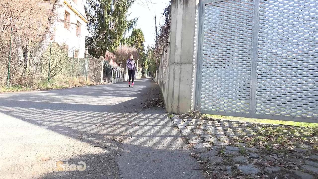 15P Caucasian girl Antonia Sainz squats for a piss on a paved road