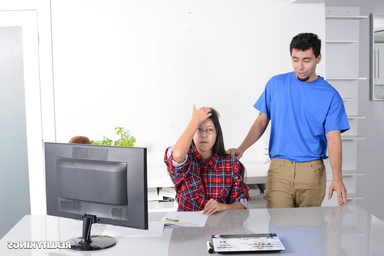 16P Petite Asian babe gets caught by her stepbrother watching porn on the PC