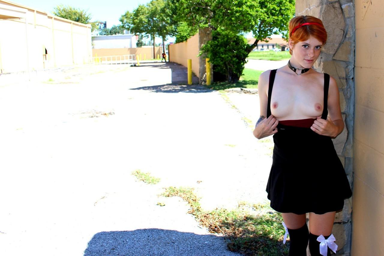 17P Pale redhead Ava Little flashes her titties and twat outside after BJ in car