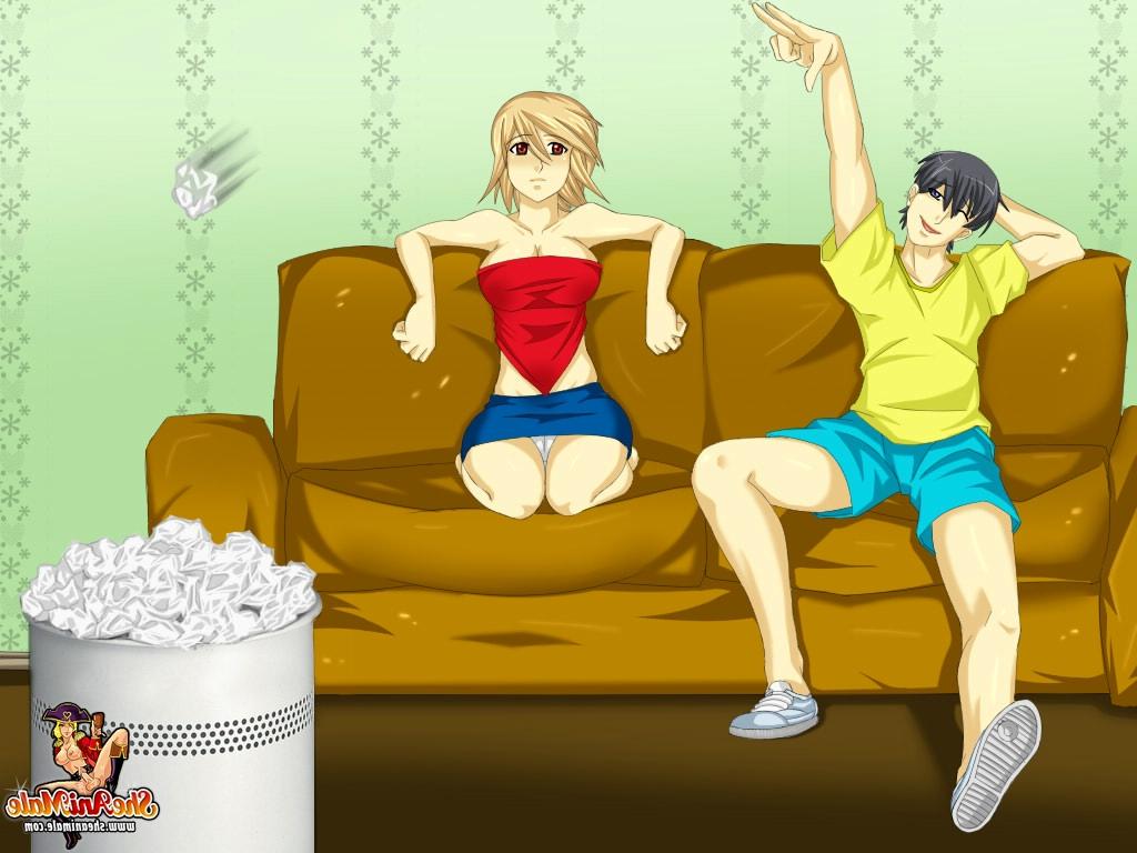 12P Travesti de anime se envolve em ação anal com o primo enquanto assiste TV