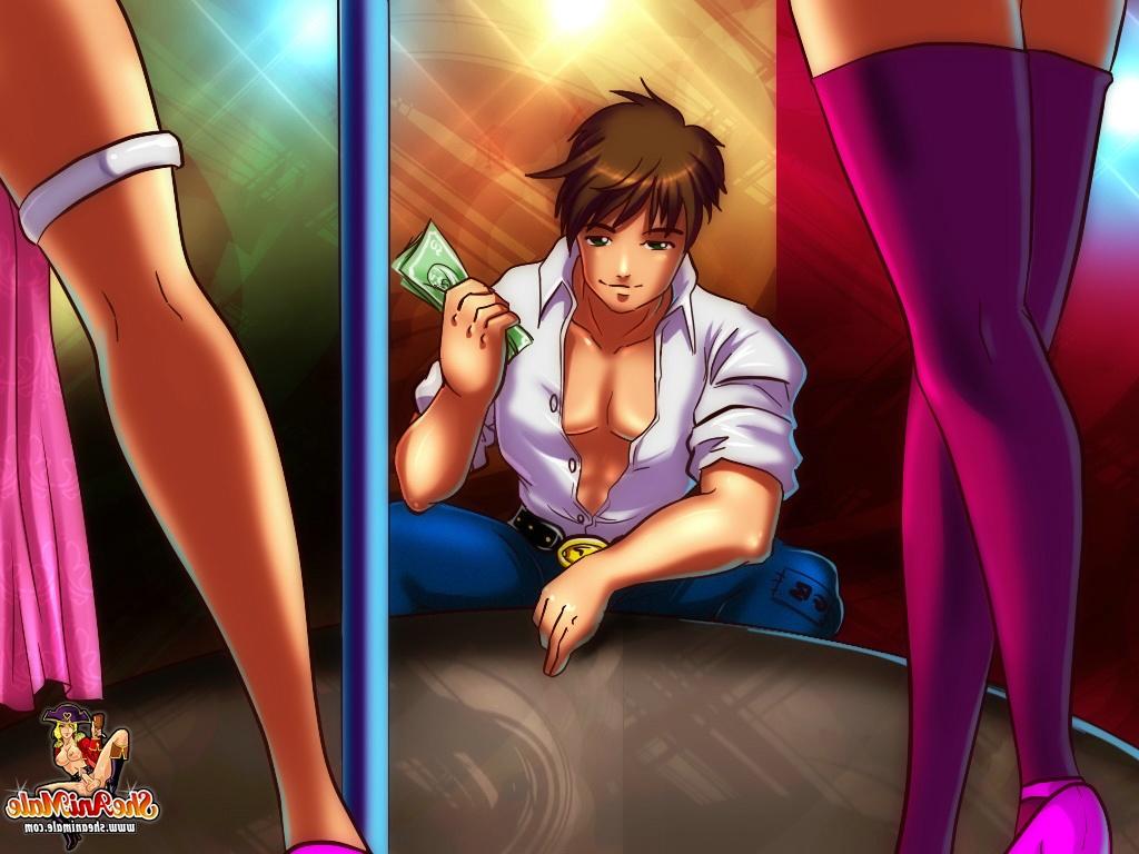 12P Animated tranny strippers with big breasts fuck a horny guy backstage