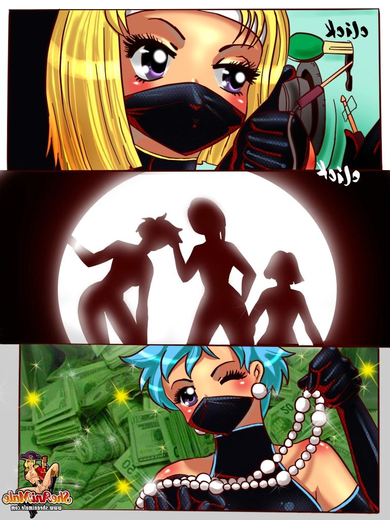 12P Ladrões travestis de anime roubam e fodem uma gata loira transexual em um trio