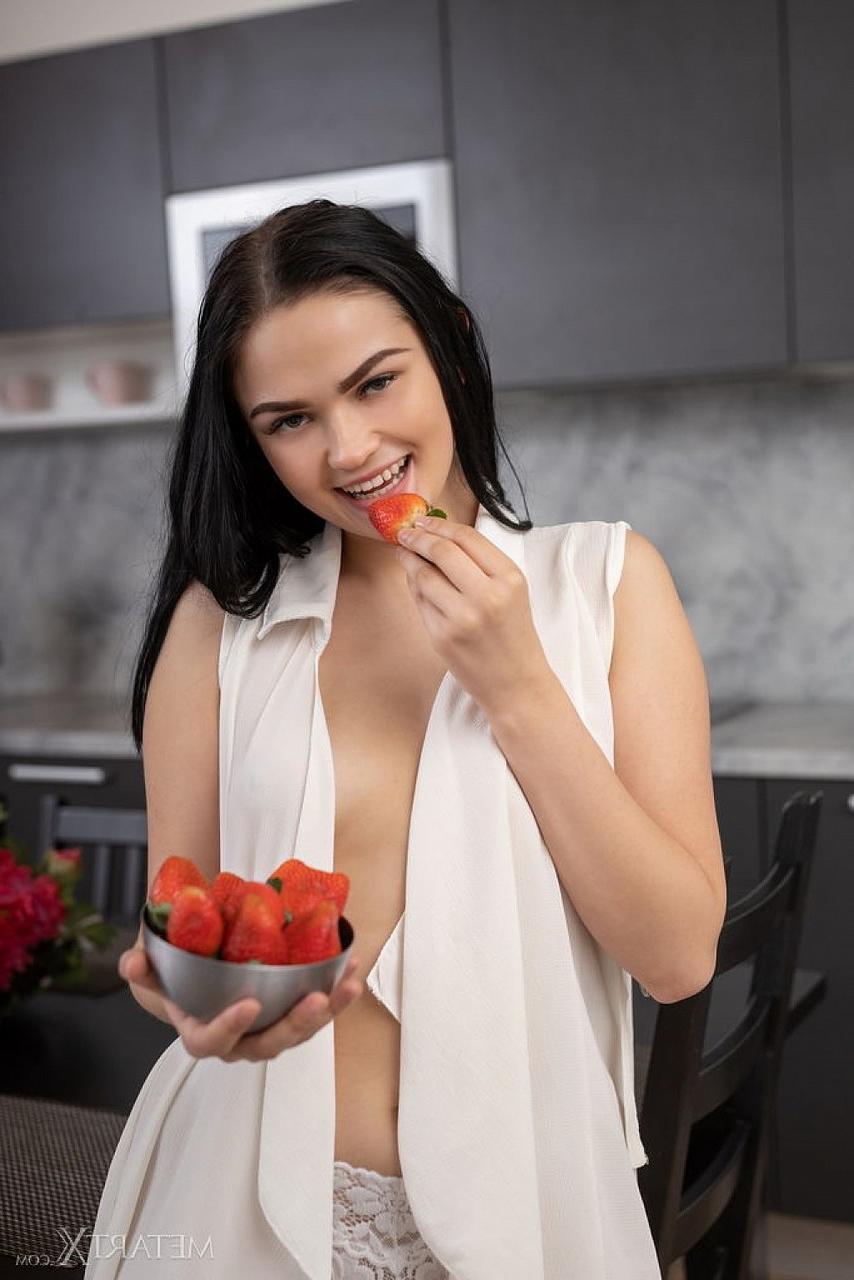12P Hot brunette teen Mileva finger spreads her pussy on a kitchen table