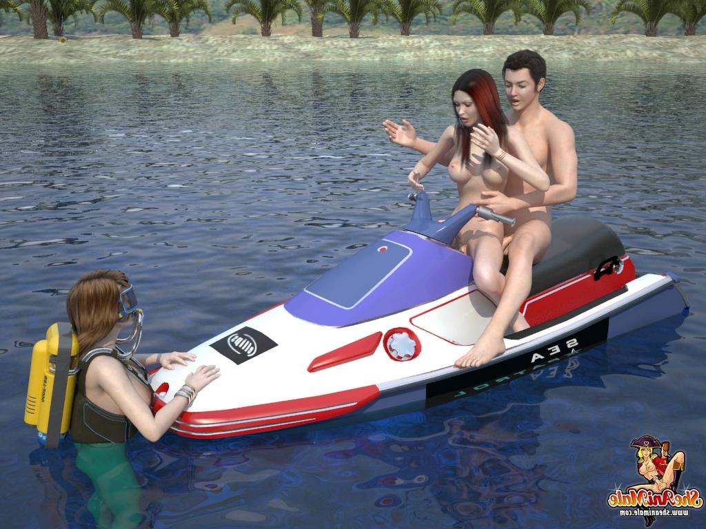 19P Animated shemales with big tits playing with a guy on a jet ski