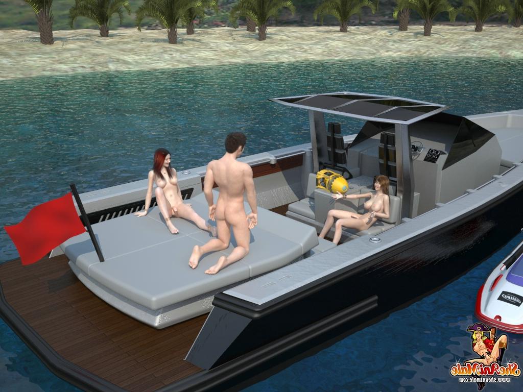 19P Animated shemales with big tits playing with a guy on a jet ski