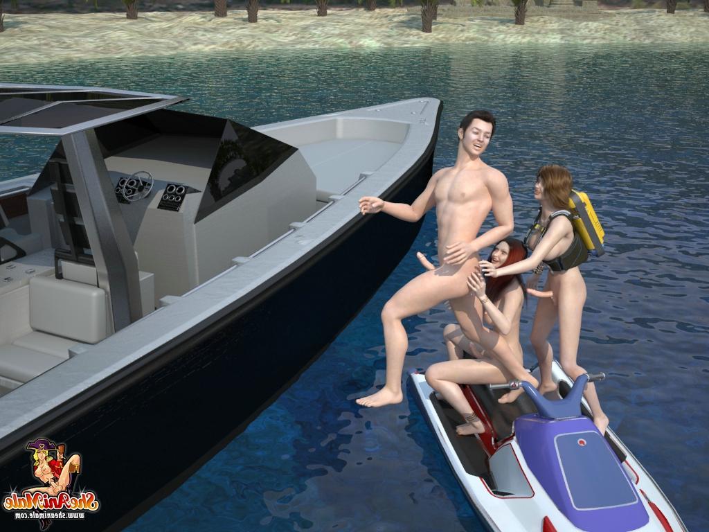 19P Animated shemales with big tits playing with a guy on a jet ski