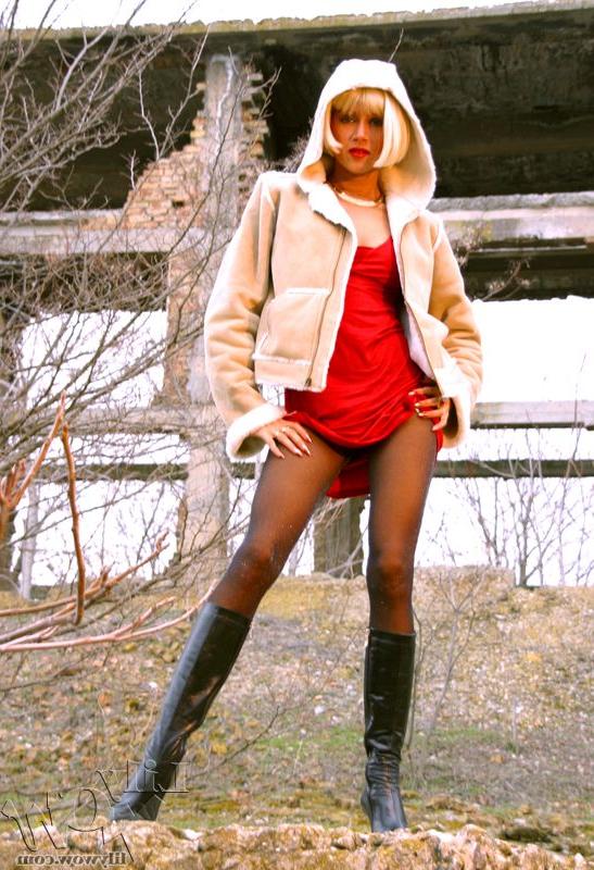 12P Sexy blonde with red lips hikes up her red dress while wearing pantyhose