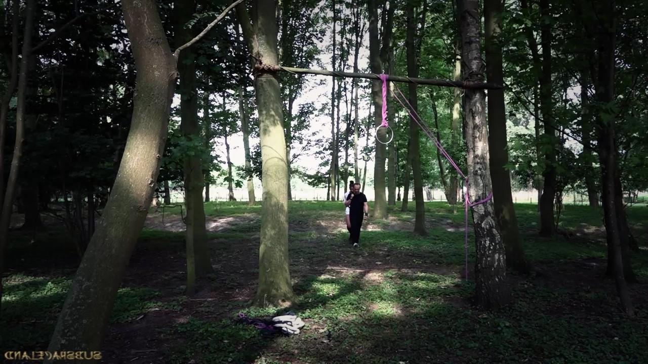 18P Brunette slave Athina tied to tree for outdoor spanking & deepthroat face fuck