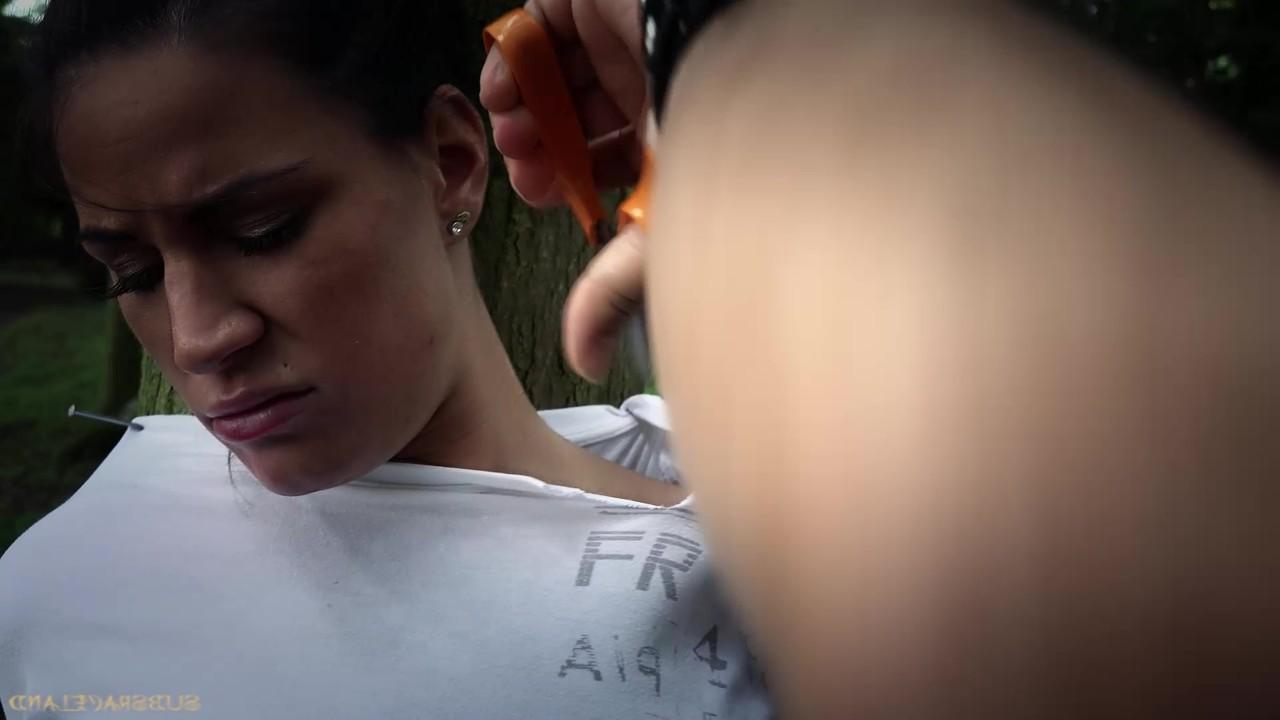 18P Brunette slave Athina tied to tree for outdoor spanking & deepthroat face fuck