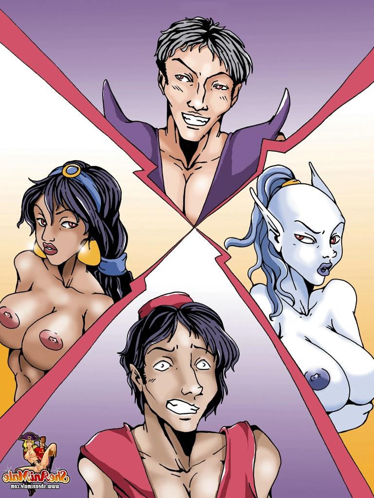 12P Transexuales animadas con tetas gigantes se follan el culo del cachondo Aladdin