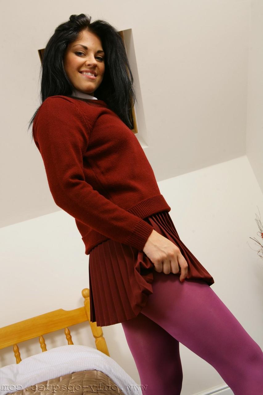 20P Black haired babe Monica Harris unveils her lovely tits in pink nylons