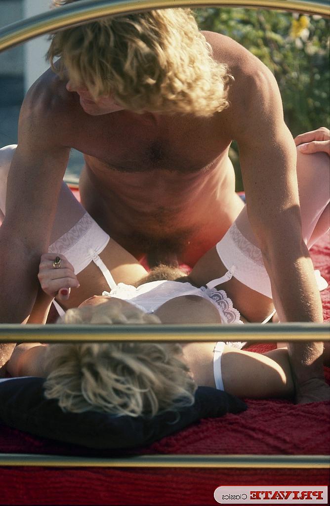 13P Blonde from the seventies gets banged and jizzed on by 2 men on outdoor bed