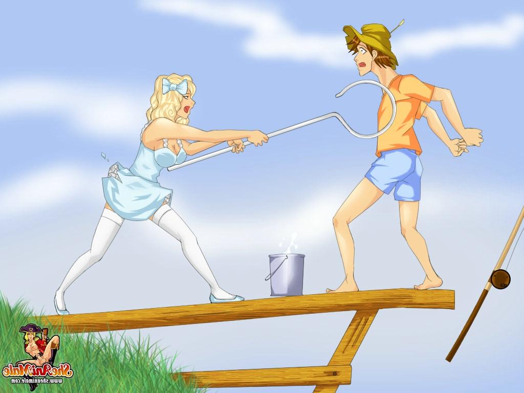 12P A fada loira do anime treina o cu do pescador em muitas poses em uma doca