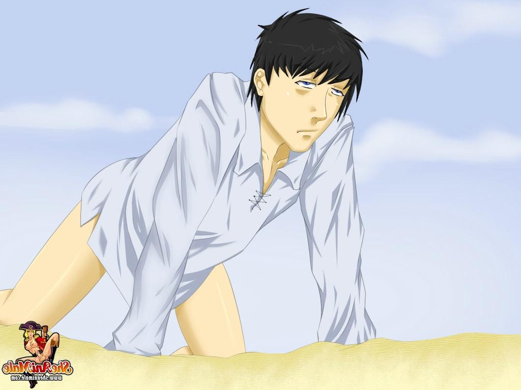 12P Vollbusige Anime-Shemales genießen einen wilden Analdreier mit einem Jungen in der Wüste
