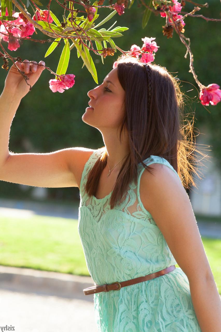 5P Beautiful teen Harmony Gaston flashes an upskirt in purple panties