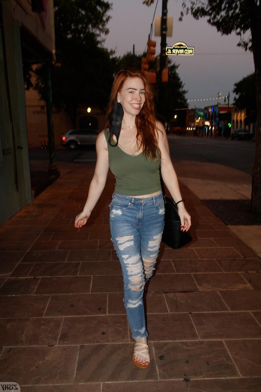 12P Nerdy redhead Nala Brooks flashes her big tit in public & strips naked at home