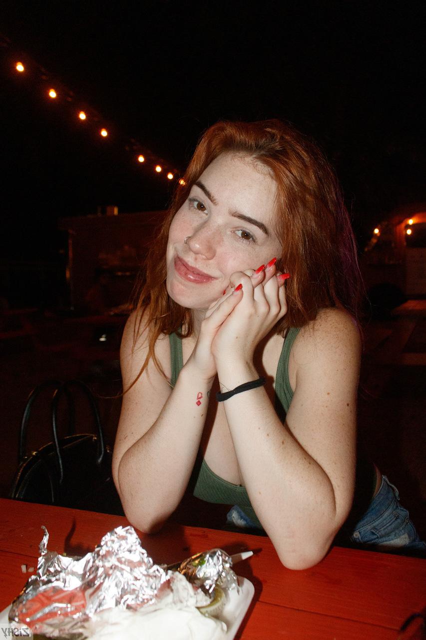 12P Nerdy redhead Nala Brooks flashes her big tit in public & strips naked at home