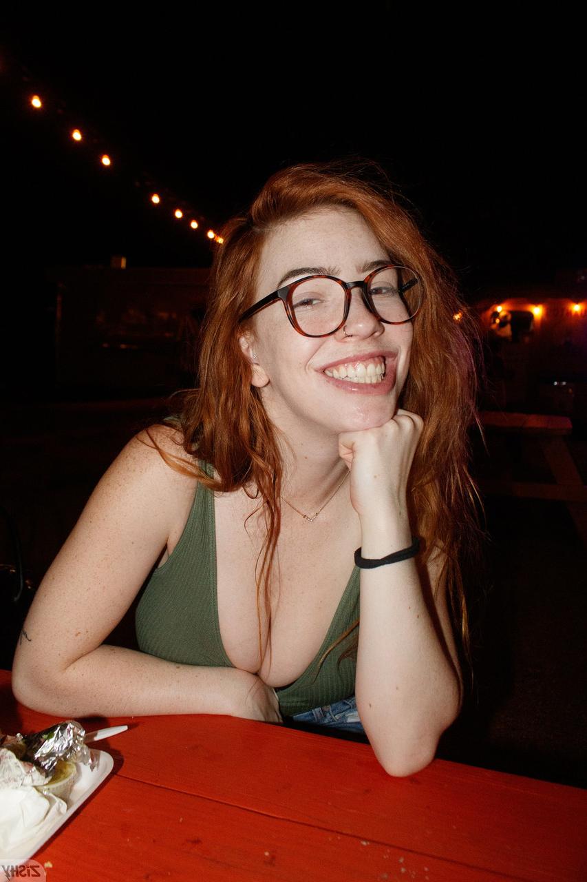 12P Nerdy redhead Nala Brooks flashes her big tit in public & strips naked at home