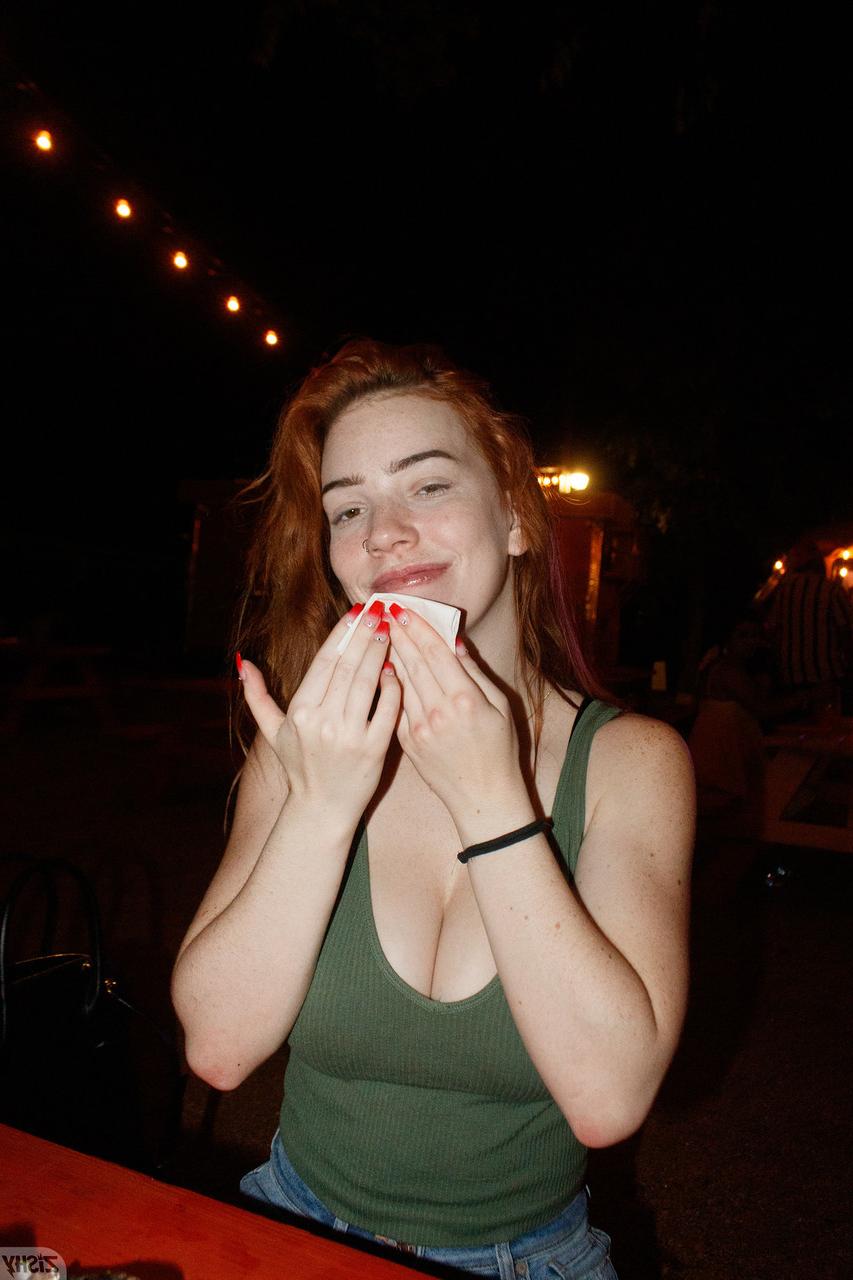 12P Nerdy redhead Nala Brooks flashes her big tit in public & strips naked at home