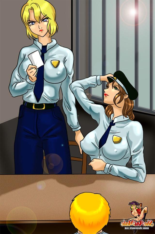12P Blonde suspect gets stripped & spit roasted by anime shemale investigators