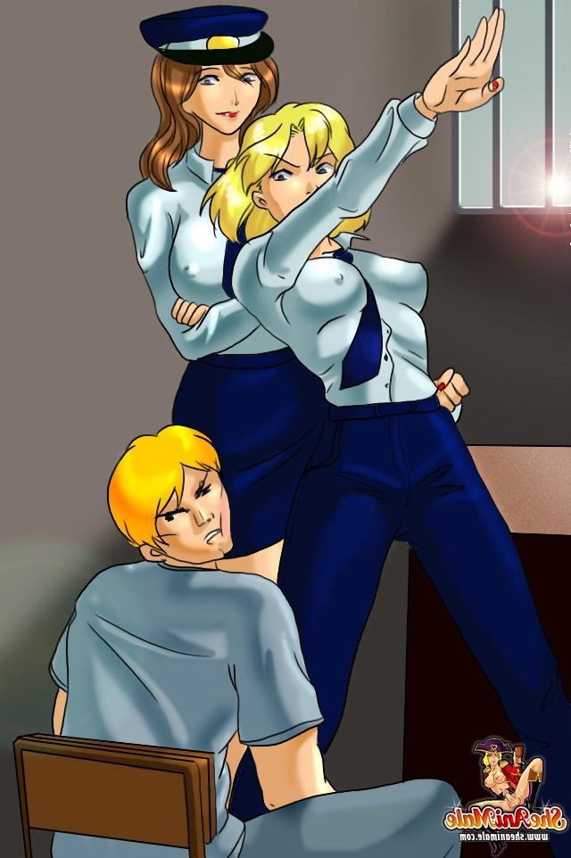 12P Blonde suspect gets stripped & spit roasted by anime shemale investigators
