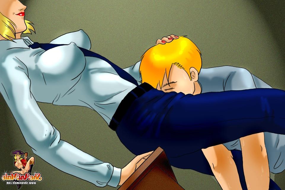 12P Blonde suspect gets stripped & spit roasted by anime shemale investigators