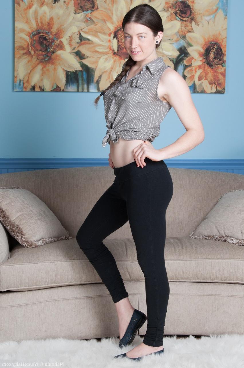 17P Pale slender looker Mahonia spreads hairy meaty lips naked on the sofa