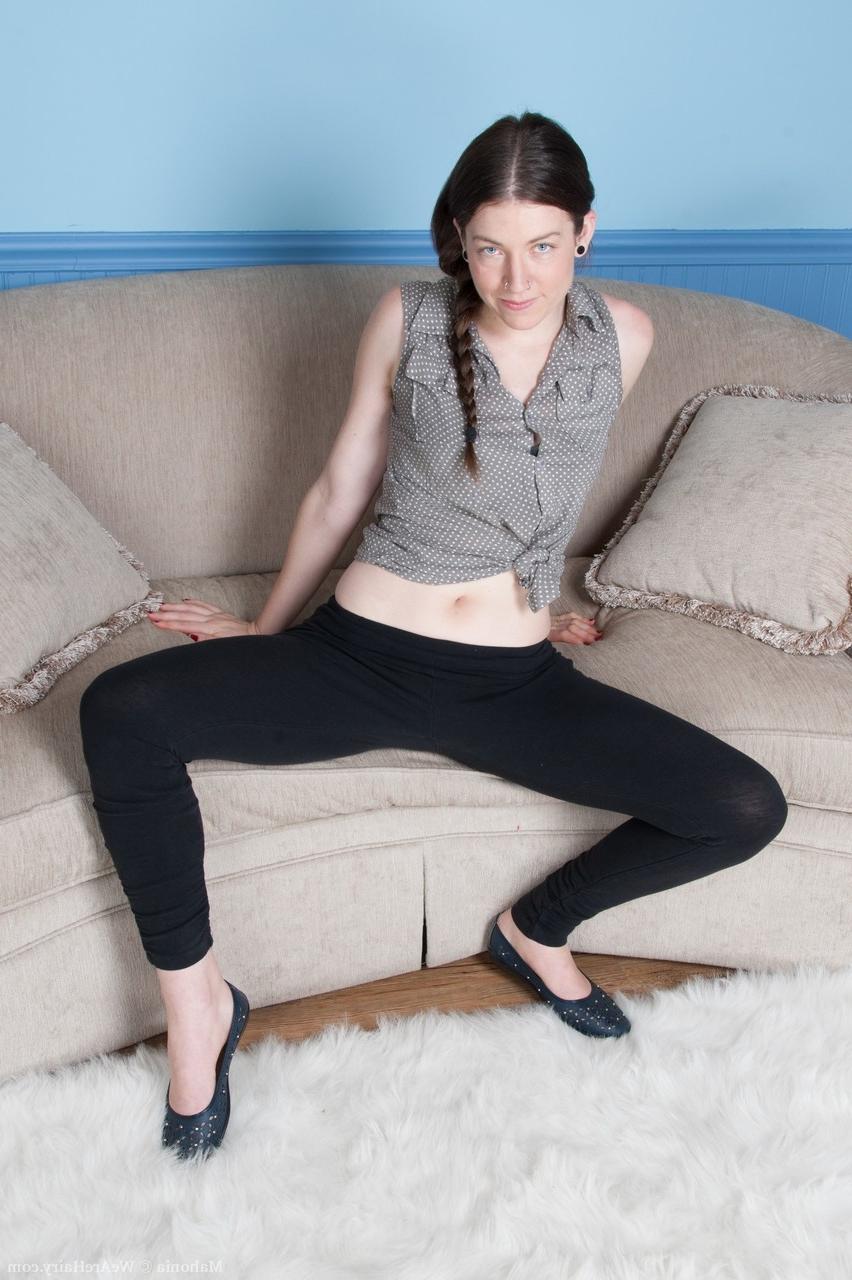 17P Pale slender looker Mahonia spreads hairy meaty lips naked on the sofa