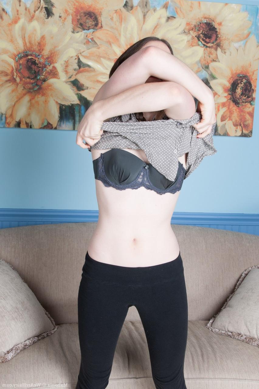 17P Pale slender looker Mahonia spreads hairy meaty lips naked on the sofa