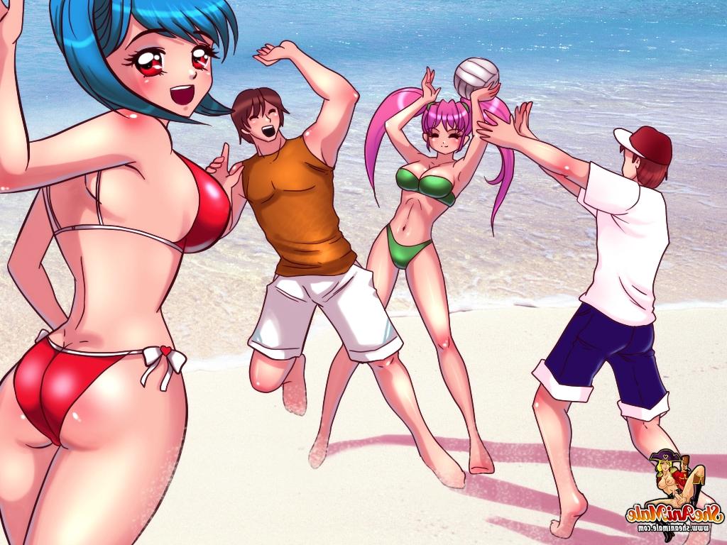 12P Bimbos transexuales de anime con curvas son folladas por el culo por chicos lindos en la playa