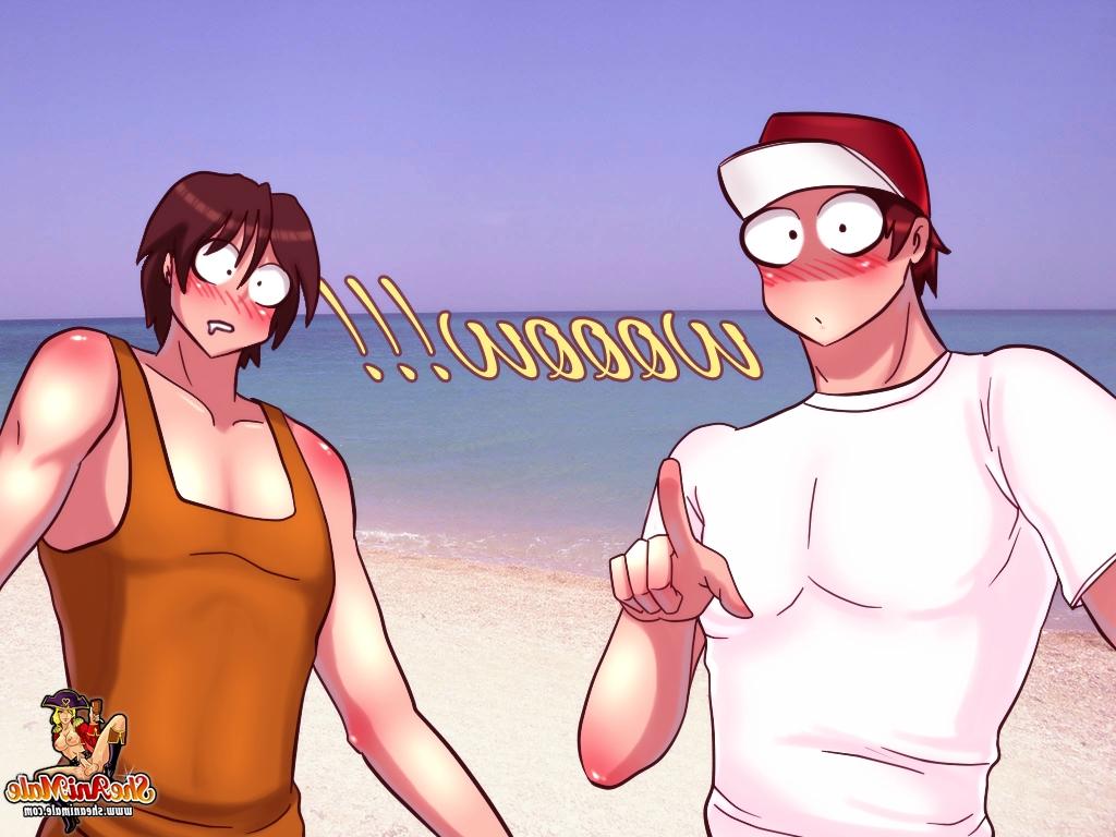 12P Bimbos transexuales de anime con curvas son folladas por el culo por chicos lindos en la playa